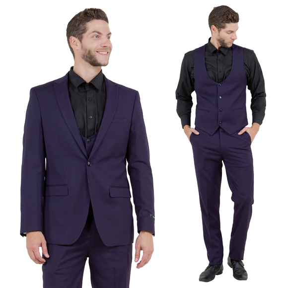 Ultra Slim 3pc Men's Vested Suit Set by Tazzio, Eggplant
